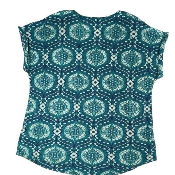 George Blouse Top Womens 1X Blue Geometric Print Cap Sleeve Round Neck Pullover - Picture 2 of 6